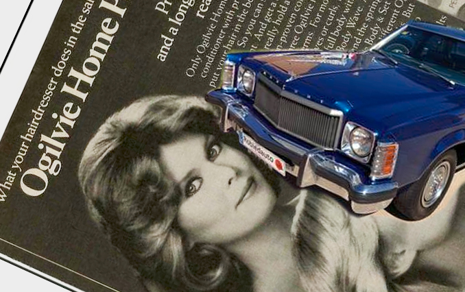 Composite image of vintage Ogilvie Home Perm ad with a blue Mercury Monarch car overlaid